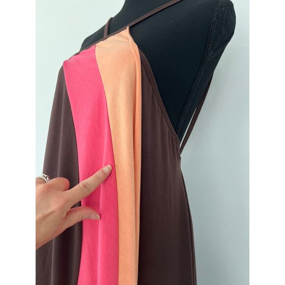 Vintage bebe Sz Medium Wrap Maxi Skirt/Dress Brown Pink Orange Block Stripe - Picture 8 of 9